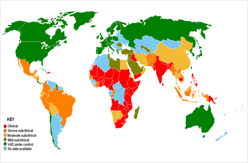Prévalence de la carence en vitamine A dans le monde (illustration @WHO sur Wikimedia).