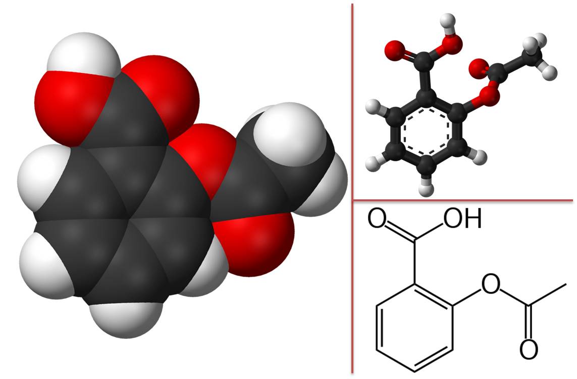 Diverses représentations de la molécule d'acide acétylsalicylique (@ Wikimedia). 
