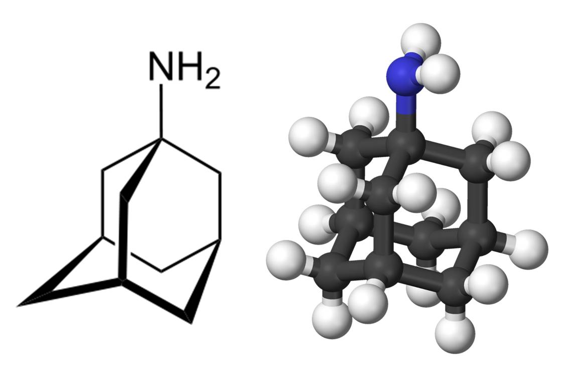 Amantadine : structure chimique à gauche et représentation en 3D à droite (@ Wikimedia).