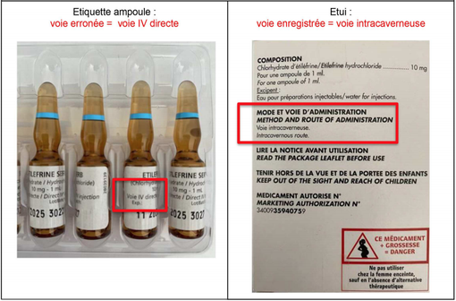 Photo des ampoules et de l'étui du lot 3027 d'ÉTILÉFRINE SERB 10 mg/1 mL solution injectable en ampoule concerné par l'erreur d'étiquetage et de la notice (source : lettre du laboratoire Serb aux professionnels de santé).