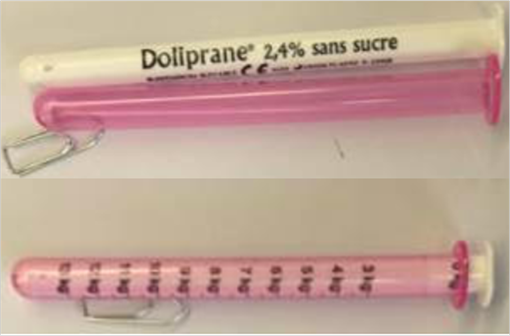 Nouvelle seringue de DOLIPRANE 2,4 % sans sucre suspension buvable.