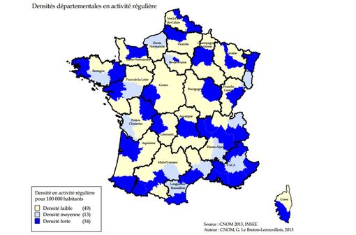 Densités départementales : médecins généralistes et spécialistes libéraux en activité (© CNOM 2013).