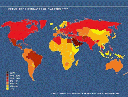Estimation de la prévalence mondiale du diabète en 2025 (© Diabetes Atlas 3rd Ed. International Diabetes Federation, 2006)