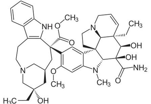 Antinéoplasique et immunomodulateur, la vindésine appartient à la classe des vinca-alcaloïdes (© Wikipedia).