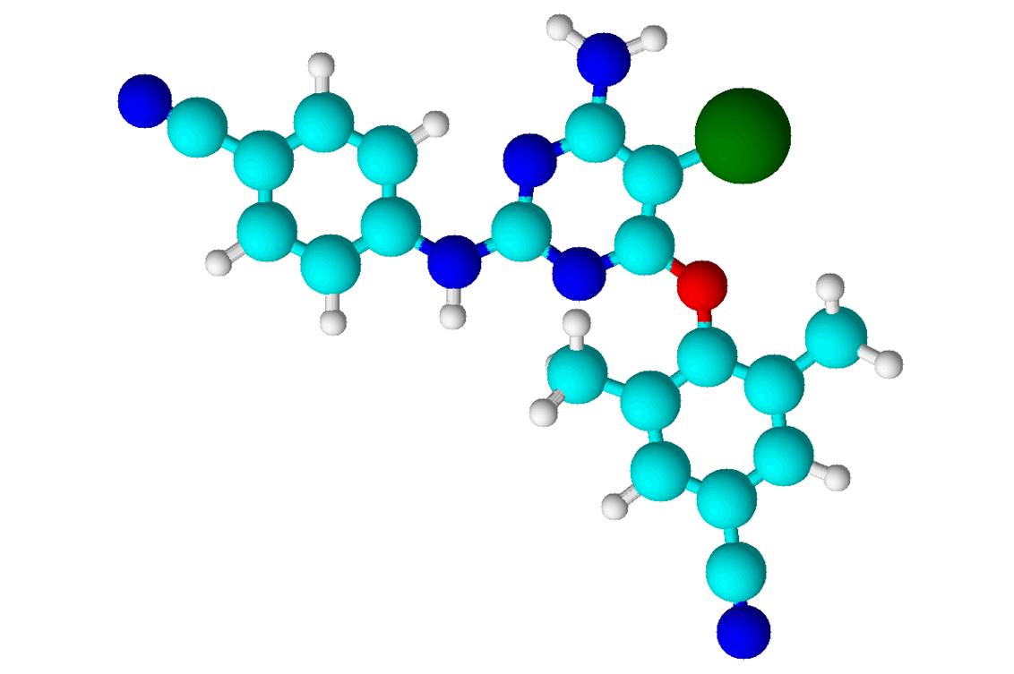 Molécule d’étravirine en vue 3D (@ Damien Persohn, Wikimedia)