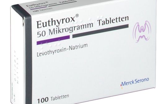 Boîte allemande de 100 comprimés d'EUTHYROX (photo non contractuelle, couleur pouvant différer en pharmacie).