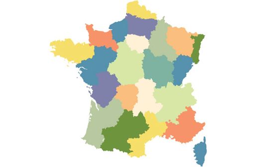 Subdivision actuelle des régions françaises, en cours de réévaluation législative. 