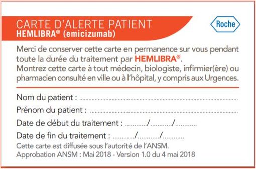 Carte d'alerte pour les patients traités par HEMLIBRA.