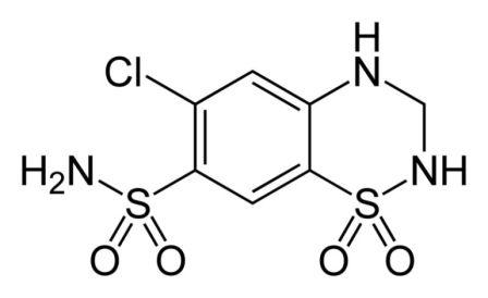 Structure chimique de l'hydrochlorothiazide (© Ben Mills, Wikimedia).