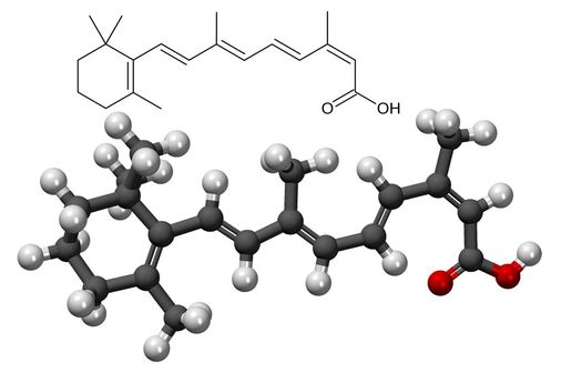 Structure chimique (illustration @ Fvasconcellos) et représentation 3D (illustration @ MindZiper) de l'isotrétinoïne (sur Wikimedia).