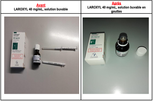 La solution buvable de l'antidépresseur LAROXYL est à nouveau distribuée avec un dispositif compte-gouttes (illustration extraite de la lettre du laboratoire aux professionnels de santé). 