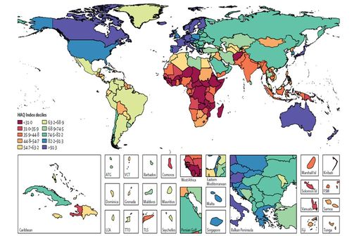 Résultats de l'indice HAQ au niveau mondial en 2016 (source : Lancet).