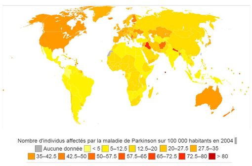 Nombre d'individus affectés par la maladie de Parkinson sur 100 000 habitants en 2004 (illustration @ Lokal_Profil sur Wikimedia).