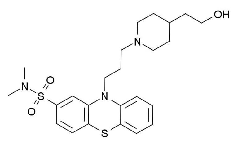 Antipsychotique neuroleptique, la pipotiazine est une phénothiazine de structure pipéridinique (source image : © Wikipedia).