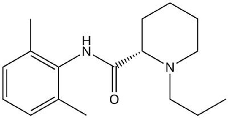 Structure chimique de la ropivacaïne (© Techelf, Wikimedia)