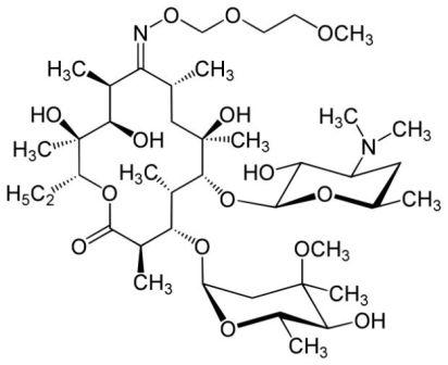 La roxithromycine est un antibiotique de la classe des macrolides (image : © Yikrazuul, Wikimedia).