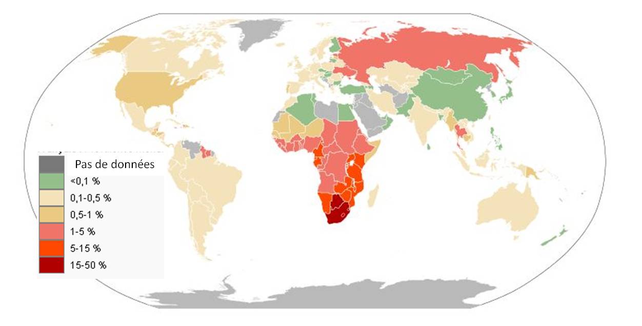 Prévalence mondiale du SIDA et de l’infection par le VIH en 2009 (© Escondites, Wikimedia).