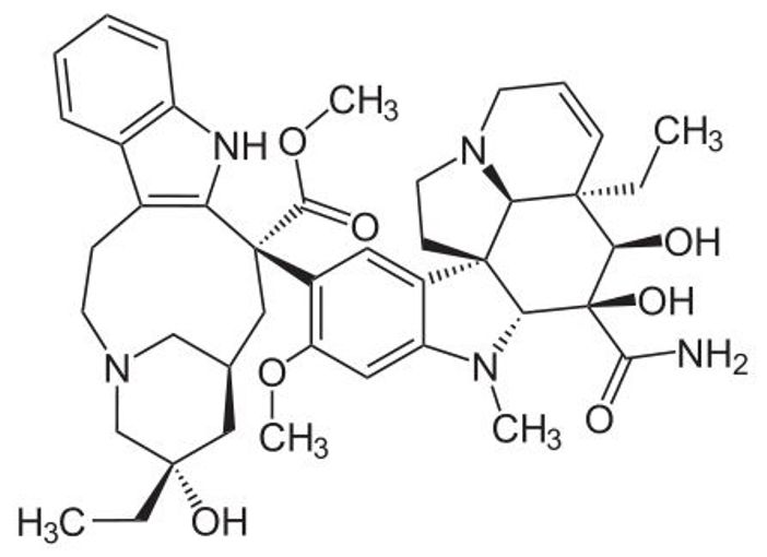 Antinéoplasique et immunomodulateur, la vindésine appartient à la classe des vinca-alcaloïdes (source image : © Wikipedia).