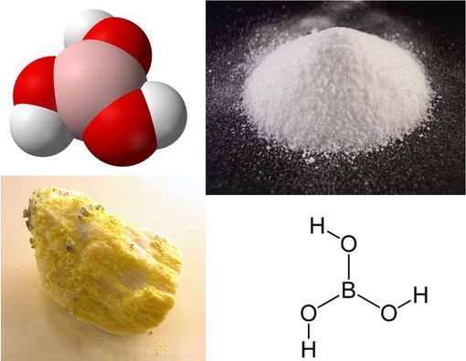 L'acide borique existe sous forme de minerai (sassolite), de cristaux incolores ou de poudre blanche hydrosoluble.                                                                 © Wikipedia (formule, sassolite), made-in-china.com (poudre)