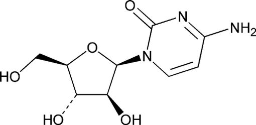 Structure chimique de l'arabinoside de cytosine, également appelée cytarabine (© pharmacopeia.cn).