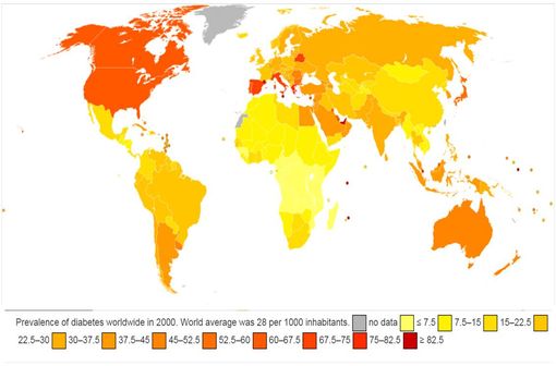 Prévalence du diabète dans le monde en 2000 (illustration @Lokal_Profil, sur Wikimedia).