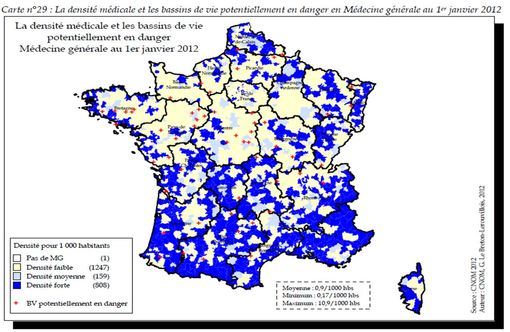 Densité médicale en France : zones à densité forte en bleu, zones à densité faible en jaune pâle (© CNOM 2012)
