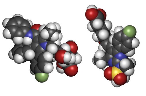 Représentation de la structure en 3D de deux "nouvelles statines", l'atorvastaine (à gauche) et la rosuvastatine (à droite).