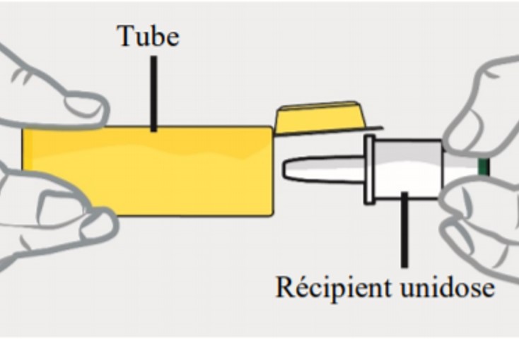 Représentation schématique du récipient unidose de BAQSIMI  et du tube le contenant (illustration).