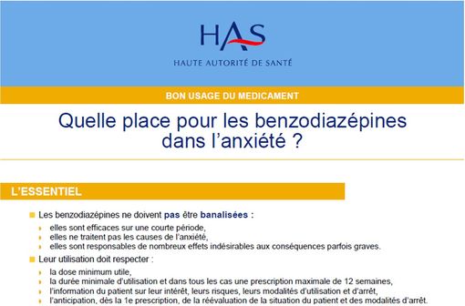 La Haute Autorité de Santé vient de publier une fiche de bon usage des benzodiazépines lorsqu'elles sont prescrites en cas d'anxiété (illustration).