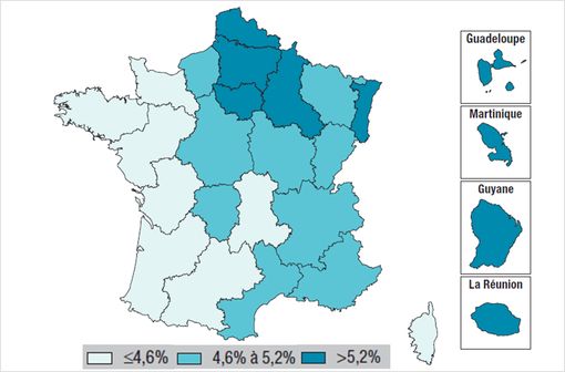 Prévalence standardisée du diabète traité pharmacologiquement, par région, France, 2013 (© InVS).