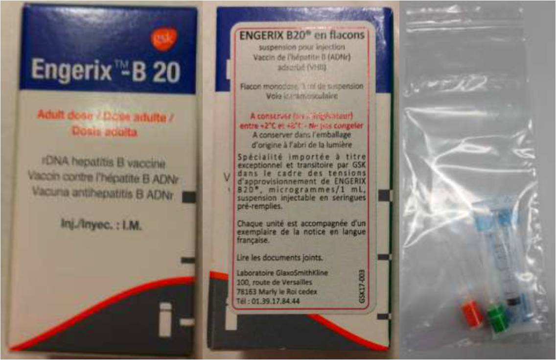 Les unités importées du vaccin ENGERIX B20 se présentent en flacon accompagné, dans un conditionnement séparé, d'une seringue et d'aiguilles.