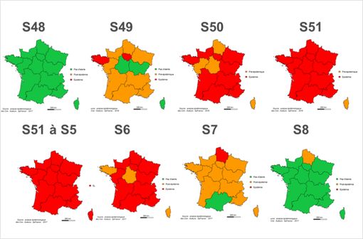 Evolution hebdomadaire des niveaux d'alerte de la semaine 48 de 2016 à la semaine 8 de 2017 (France métropolitaine).